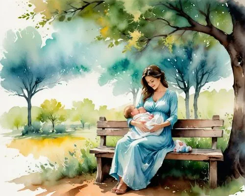 Bebé amamantando madre occidental lindo encantador en el banco bajo el árbol,maternal,watercolor baby items,watercolor painting,watercolor,watercolour paint,maternity,watercolor background,prenatal,li