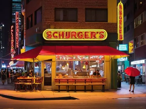 Ralph Bob's Burgers, fast food restaurant, exterior, night scene, neon signs, bright colors, retro-style logo, giant burger signboard, urban street, city lights, skyscrapers, bustling crowd, hungry cu