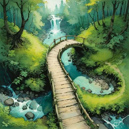 adventure bridge,the mystical path,pathway,hiking path,wooden bridge,wooden path,Illustration,Paper based,Paper Based 17