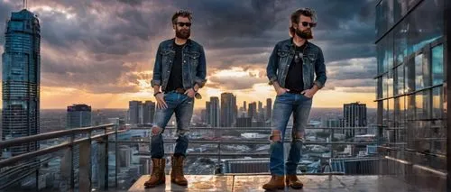 Male photographer, 35yo, beard, messy hair, sunglasses, denim jacket, black t-shirt, ripped jeans, brown boots, holding camera, standing, urban cityscape, modern skyscraper, steel and glass structure,