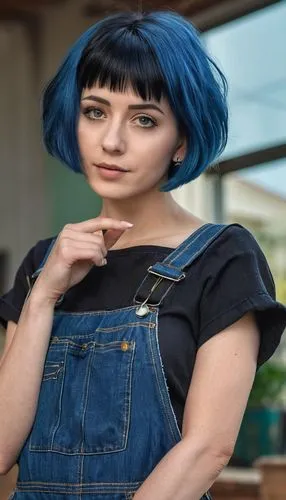 girl in overalls,denim fabric,blue hair,coraline,cayetana,denim background,kimbra,denim jumpsuit,denim,grimes,bulma,siouxsie,denim shapes,dungarees,indigo,overalls,denim bow,keti,maisie,kula,Photography,General,Realistic