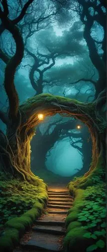 crooked forest,the mystical path,hollow way,fantasy landscape,winding steps,fairytale forest,fantasy picture,underground lake,forest path,enchanted forest,wooden path,the path,heaven gate,pathway,flooded pathway,the road to the sea,fairy forest,tree top path,elven forest,forest of dreams,Illustration,Abstract Fantasy,Abstract Fantasy 17