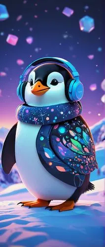 Penguin Paradise Discord Server, colorful cartoonish illustration, vibrant blue and white hues, penguins waddling around, wearing cute headphones and holding gaming controllers, playful expressions, a