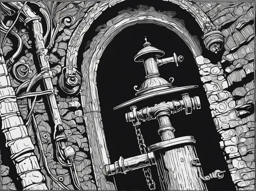 standpipe,drinking fountain,old fountain,water fountain,cistern,plumbing fixture,details architecture,architectural detail,decorative fountains,water pipes,hydrant,faucet,water hydrant,pumping station,water pump,faucets,baluster,fountain,stone fountain,moor fountain,Illustration,Black and White,Black and White 21