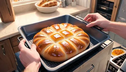 Create for me a cartoon image of hands holding a rectangle 
baking pan with 3 beautiful breads
 boiling out of the oven, your hands will be red with heat, and with burns. And you will also see heat va