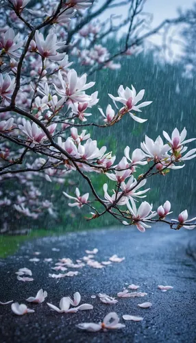 Write a poetic scene inspired by a star magnolia's delicate petals glistening in the rain.,cherry blossom in the rain,japanese magnolia,sakura flowers,sakura blossoms,sakura tree,sakura blossom,spring