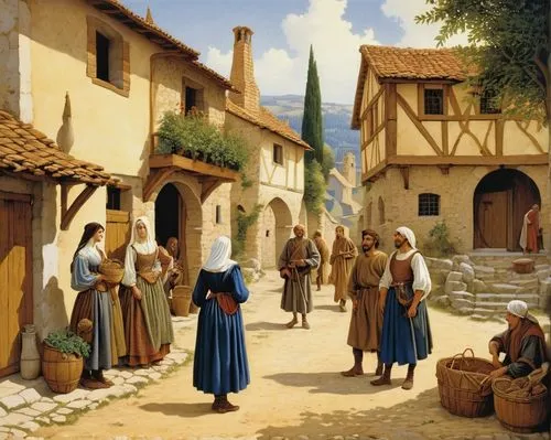 pilgrims,village scene,medieval street,street scene,villagers,medieval market,village life,villages,merchant,escher village,bazaar,souk,the production of the beer,nativity village,mountain village,alpine village,woman at the well,tuscan,village street,traditional village,Illustration,Retro,Retro 01