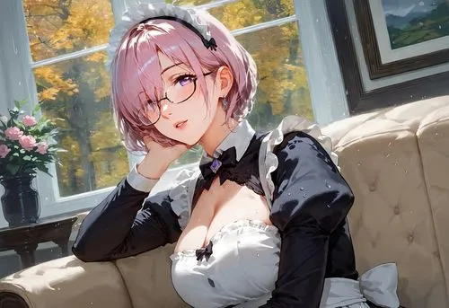 A window frame with a autumn background,a man dressed in a short black and white dress and holding a glass,sitting on a chair,napata,maid,neopolitan,smug,felicia