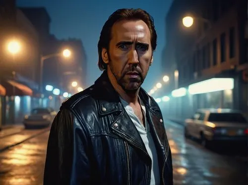 Nicholas Cage, mature man, serious facial expression, short brown hair, blue eyes, worn leather jacket, white shirt, dark jeans, boots, holding a cigarette, standing, city street, night scene, dim lig