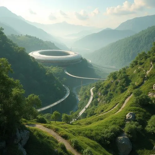 ringworld,futuristic landscape,the transfagarasan,maglev,winding road,mountain highway,mountain road,winding roads,transfagarasan,flying saucer,saucer,ufo intercept,tulou,mountain pass,rivendell,alien ship,alpine drive,the valley of the,superhighways,alien world,Photography,General,Realistic