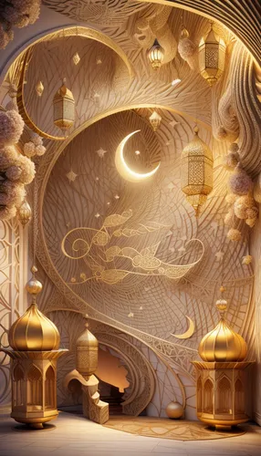 arabic background,ramadan background,mandelbulb,3d fantasy,gold wall,3d render,fractal environment,stage design,theater curtain,3d background,cinema 4d,render,3d rendered,gold castle,stage curtain,3d rendering,gold foil corner,ornate room,moon cake,gold leaf