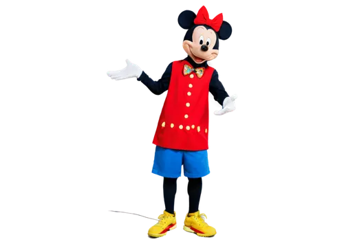 Mickey Mouse, free standing, iconic pose, white gloves, red shorts, yellow shoes, cheerful smile, sparkling eyes, bright blue background, soft focus, cinematic lighting, 3/4 composition, shallow depth