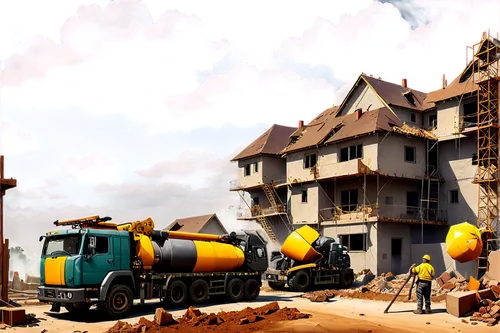 Construction site, building a house, half-finished, scaffolding, workers in yellow helmets, hammering, drilling, cement mixer, bricks, tiles, wooden frames, steel beams, excavator, dump truck, cloudy 