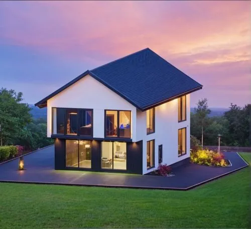 a white home at dusk with lights on it,beautiful home,modern house,cube house,danish house,dreamhouse,modern architecture,Photography,General,Natural