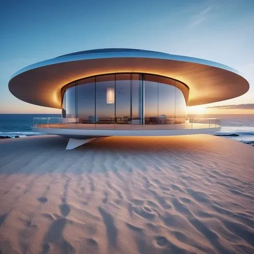 Create an impressive picture of a beautiful futuristic house. The beauty in the shape of the design is very unusual and elegant. Picture of a house by the sea,dunes house,futuristic architecture,futur