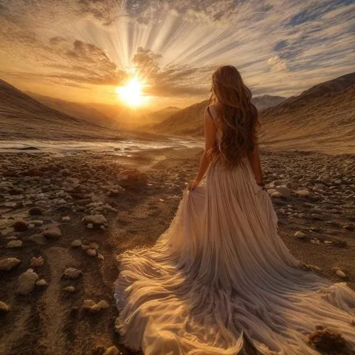 girl standing in dirt path and looking out at the setting sun,girl on the dune,fantasy picture,enchantment,dreamscapes,golden sun,celtic woman,Common,Common,Natural