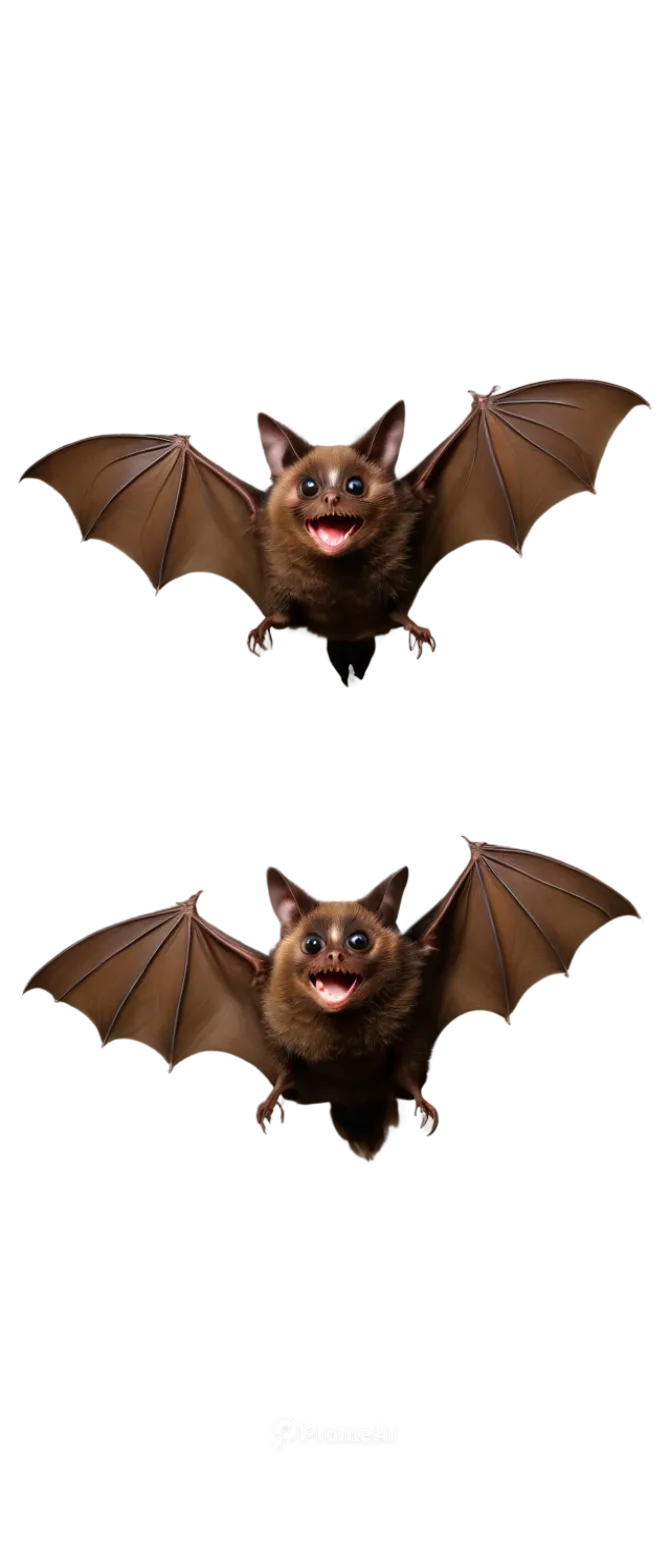 Flying bat, dark brown wings, spread wide, nocturnal creature, small eyes, pointed ears, furry body, sharp teeth, mid-air pose, soft focus, warm lighting, 3/4 composition, shallow depth of field, cine