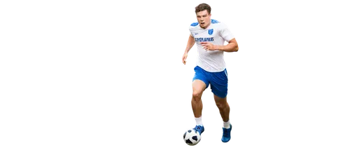 male, football player, athletic build, muscular arms, strong legs, messy short hair, sweat droplets, facial expression focused, bright eyes, white jersey, blue shorts, soccer ball at feet, running pos