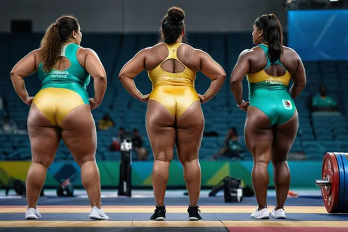 Gorgeous fat athletic Bahamian and Mexican women weightlifters in silky oily Olympic unitards rear view,rio olympics,parallel bars,heptathlon,fitness and figure competition,rio 2016,podium,gymnast,the