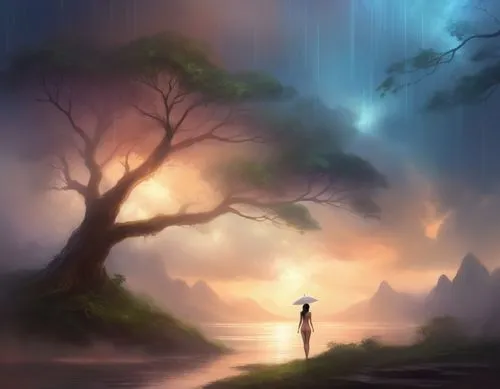 rain falling nude exotic looking far and away,a painting with people holding umbrellas next to trees,fantasy landscape,world digital painting,landscape background,fantasy picture,nature background,art