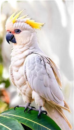 Cockatoo, white plumage, vibrant crest, colorful beak, playful eyes, sitting, perched, tropical leaves background, natural habitat, sunlight filtering through feathers, shallow depth of field, warm co