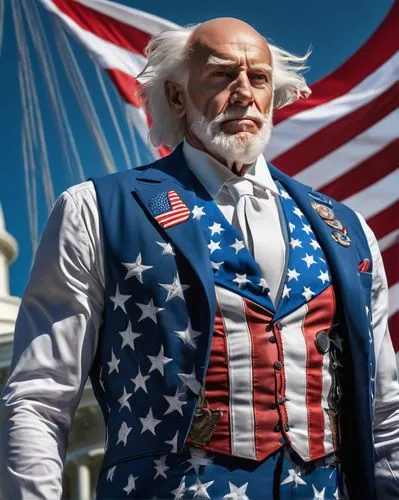 Muscular Uncle Sam, patriotic, bald eagle tattoo on forehead, blue eyes, white beard, muscular arms, strong chest, waistcoat, American flag patterned suit, holding a giant American flag, standing in f