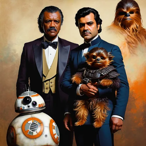 Billy Dee Williams as Lando Calrissian and Oscar Isaac Poe Dameron with Chewbacca DO and BB8.,lando,family portrait,business icons,artists of stars,fathers and sons,star wars,starwars,wedding icons,cg