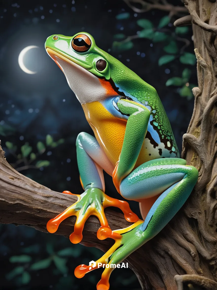 Create a poem about the delicate beauty and graceful movements of a coral finger tree frog in the moonlight.,red-eyed tree frog,pacific treefrog,tree frog,tree frogs,squirrel tree frog,coral finger tr