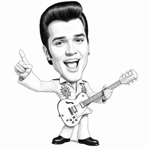 pencil drawing style  Julius Leblanc Stewart Caricature style drawing of a celebrity, big head, small body, exaggerated facial expressions. A 3D animated character resembling Elvis Presley, wearing a 