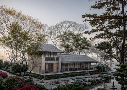 Sunrise time , foggy , ultra real, UHD , 4K , Rainy reason , clay tile roof , Beige colour cottage,landscape designers sydney,suzhou,landscape design sydney,chinese architecture,mid century house,hyan