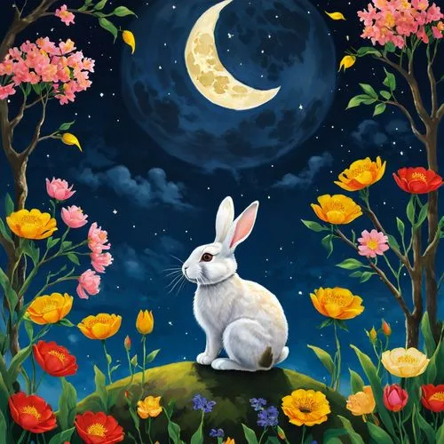 easter background,springtime background,white rabbit,lapine,white bunny,bunny on flower,Conceptual Art,Oil color,Oil Color 17