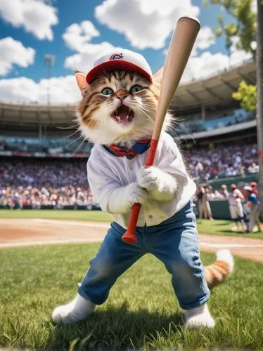 Adorable cat, baseball player, white shirt, blue pants, red cap, holding bat, standing on grass, sunny day, blue sky, fluffy white clouds, green trees, stadium seats, excited crowd, 3/4 composition, s