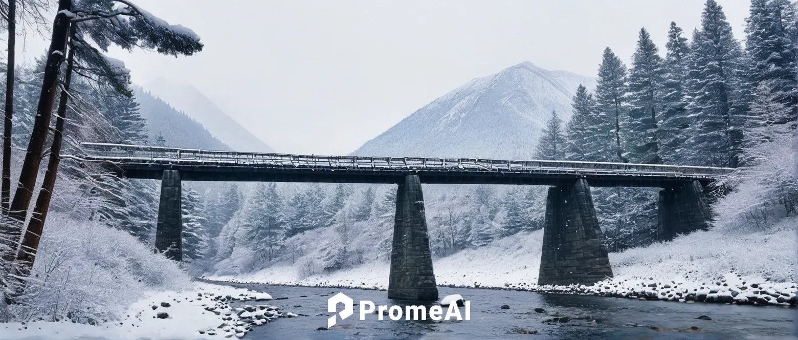 A railroad bridge over a rocky river on a snowy day, with evergreen trees on either side and a mountain behind.,snow bridge,railroad bridge,trestle,scenic bridge,highway bridge,sweeping viaduct,snowy 