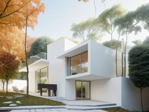 DISEÑO EXTERIOR DE UNA CASA REIDENCIAL ESTILO MINIMALISTA CON VENTANALAES DE CRISTAL EN LA PLANTA BAJA, CON UN GRAN JARDÍN, EN LA PLANTA ALTA CON UNA TERRAZA CON BARANDAL DE CRISTAL Y EN EL TERCER NIV