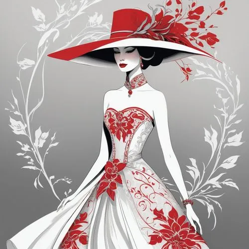 fashion illustration,fashion vector,rose white and red,lady in red,red carnation,red hat,bridal clothing,costume design,red rose,poppy red,fashion design,white and red,widow flower,geisha girl,the hat of the woman,queen of hearts,red carnations,victorian lady,red roses,red magnolia,Illustration,Realistic Fantasy,Realistic Fantasy 16