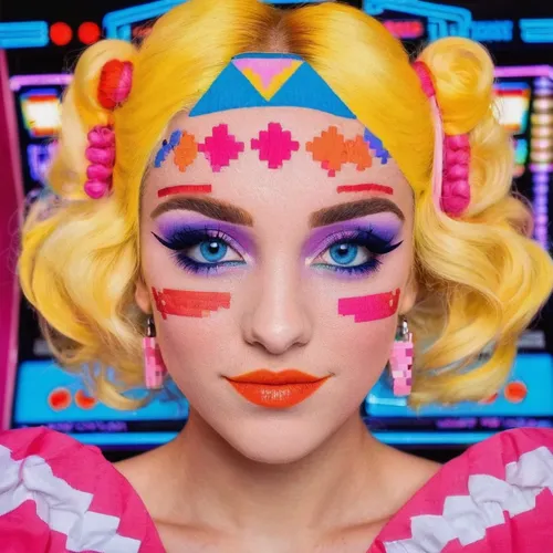 neon makeup,popart,pop art girl,girl-in-pop-art,pop art woman,retro woman,retro girl,80s,harlequin,candy island girl,barbie,vintage makeup,rockabella,face paint,modern pop art,pop art colors,pop art style,candy crush,multicolor faces,doll face,Unique,Pixel,Pixel 04