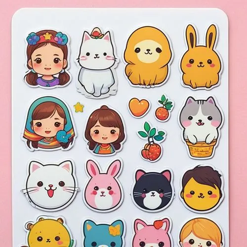 Sticker sheet, colorful, various shapes, glossy finish, smooth texture, transparent background, cartoon style, Kawaii theme, cute expressions, facial close-up, solo, 5-10 individual stickers, rounded 