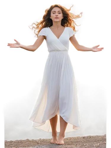 Freedom picture, standing woman, arms outstretched, wind-blown hair, flowing white dress, bare feet, sunset background, warm golden light, panoramic view, cinematic composition, soft focus, shallow de