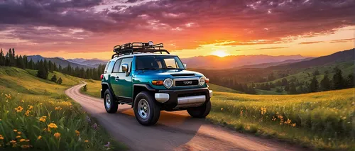 Create a heartwarming scene of a sunset drive in a Toyota FJ Cruiser through a picturesque countryside.,honda element,chevrolet advance design,mercedes-benz g-class,suzuki jimny,tata sumo,unimog,toyot