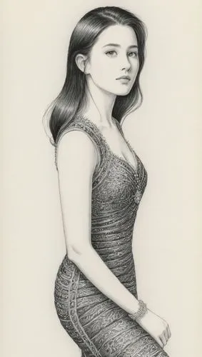 礼服，黑白,a drawing of a woman in a dress,girl drawing,pencil drawing,graphite,girl sitting,charcoal drawing,pencil drawings,Illustration,Black and White,Black and White 13