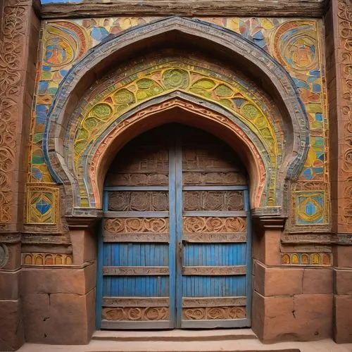 Rock-cut architecture, Ethiopia, ancient, historical, stone carved walls, intricate wooden doors, colorful stained glass windows, ornate frescoes, grand entrance, pillars, arches, domes, vibrant color