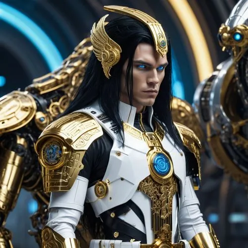 A Prince, blue eyes, white and gold clothes, long black hair, golden belt with a Griffin symbol, with a special silver and gold Gun, futuristic, ,sterntaler,vizeadmiral,rorqual,kaidan,tenno,marsilius,