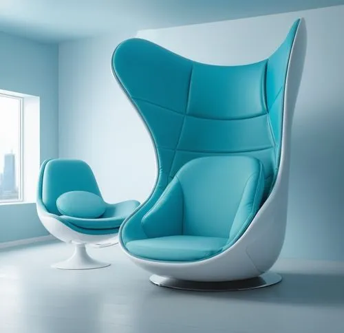 futuristic chair in cyan color,two modern style chairs next to a window,new concept arms chair,office chair,ekornes,steelcase,wing chair,seating furniture,Photography,General,Realistic