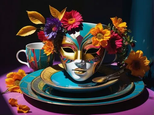 teacup arrangement,flower tea,ikebana,woman drinking coffee,fragrance teapot,cup and saucer,floral with cappuccino,flower bowl,tea art,retro modern flowers,sagmeister,masquerade,tretchikoff,tea set,still life photography,porcelain tea cup,venetian mask,cuppa,café au lait,paper art,Photography,Artistic Photography,Artistic Photography 08