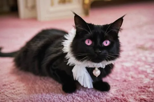 black pussy, cat, whiskers, pointy ears, fluffy fur, cute nose, pink tongue, white paws, shiny eyes, sitting, looking up, home interior, carpet floor, warm lighting, cozy atmosphere, soft focus, shall