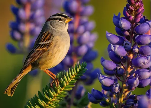 meadow bird,white crowned sparrow,american tree sparrow,sparrow bird,spring bird,bird flower,swamp sparrow,european finch,passerine bird,chipping sparrow,beautiful bird,lavender flower,field sparrow,dickcissel,nature bird,the lavender flower,song bird,lavender flowers,passer domesticus,lavander,Art,Artistic Painting,Artistic Painting 37