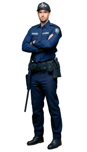 UK flag, detailed wrinkles, British-style police uniform, helmet, baton, muscular arms, serious expression, chest badge, utility belt, boots, standing, confident posture, soft natural light, shallow d