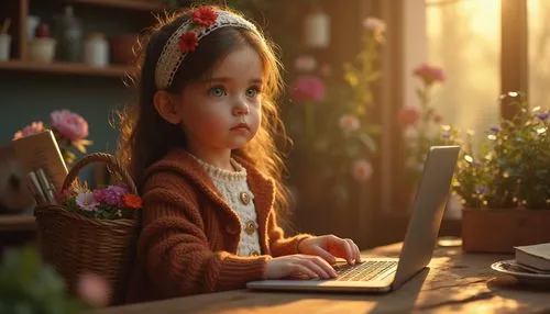 girl at the computer,girl studying,girl picking flowers,girl in flowers,programadora,girl sitting,little girl reading,girl picking apples,work at home,children's background,beautiful girl with flowers,girl drawing,iconographer,tutorship,children learning,gekas,kids illustration,world digital painting,illustrator,work from home,Photography,General,Realistic