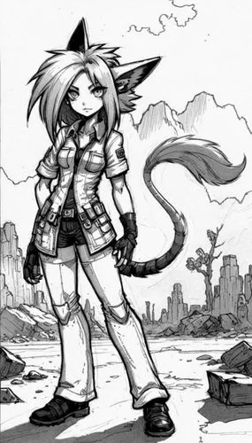 jubei,cat warrior,mono-line line art,megatokyo,postapocalyptic,alley cat,Design Sketch,Design Sketch,Black and white Comic