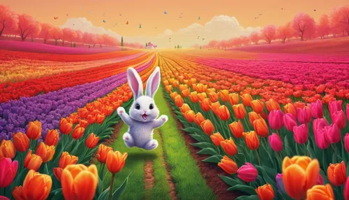 bunny on flower,tulip field,tulip background,hare field,tulips field,tulip festival,springtime background,hare trail,tulip fields,easter background,flower background,spring background,tulips,tommie crocus,blooming field,flower field,children's background,colored pencil background,gray hare,rabbits and hares,Photography,Documentary Photography,Documentary Photography 32